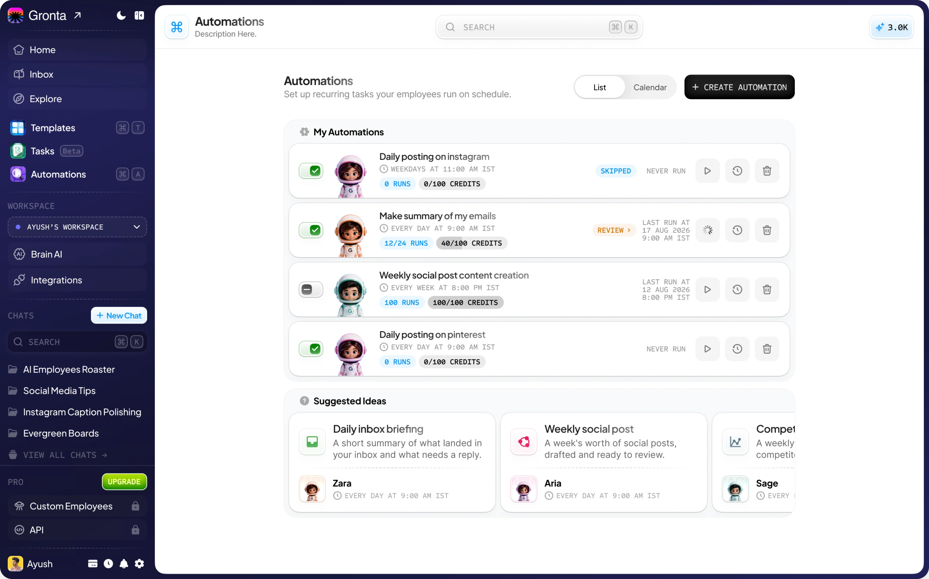 The My Automations list in Gronta