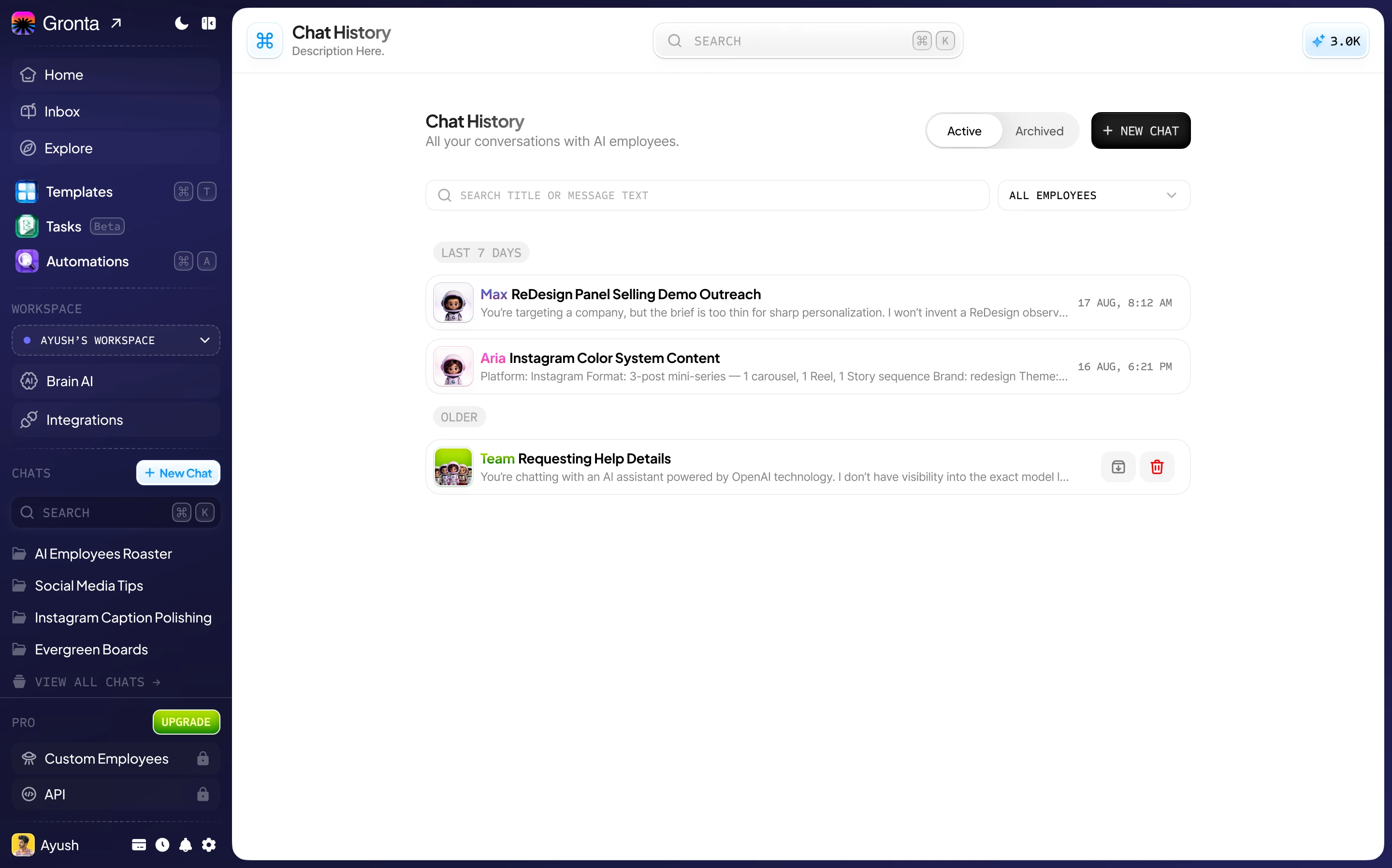 Gronta's Chat History page, with a search box for titles and message text