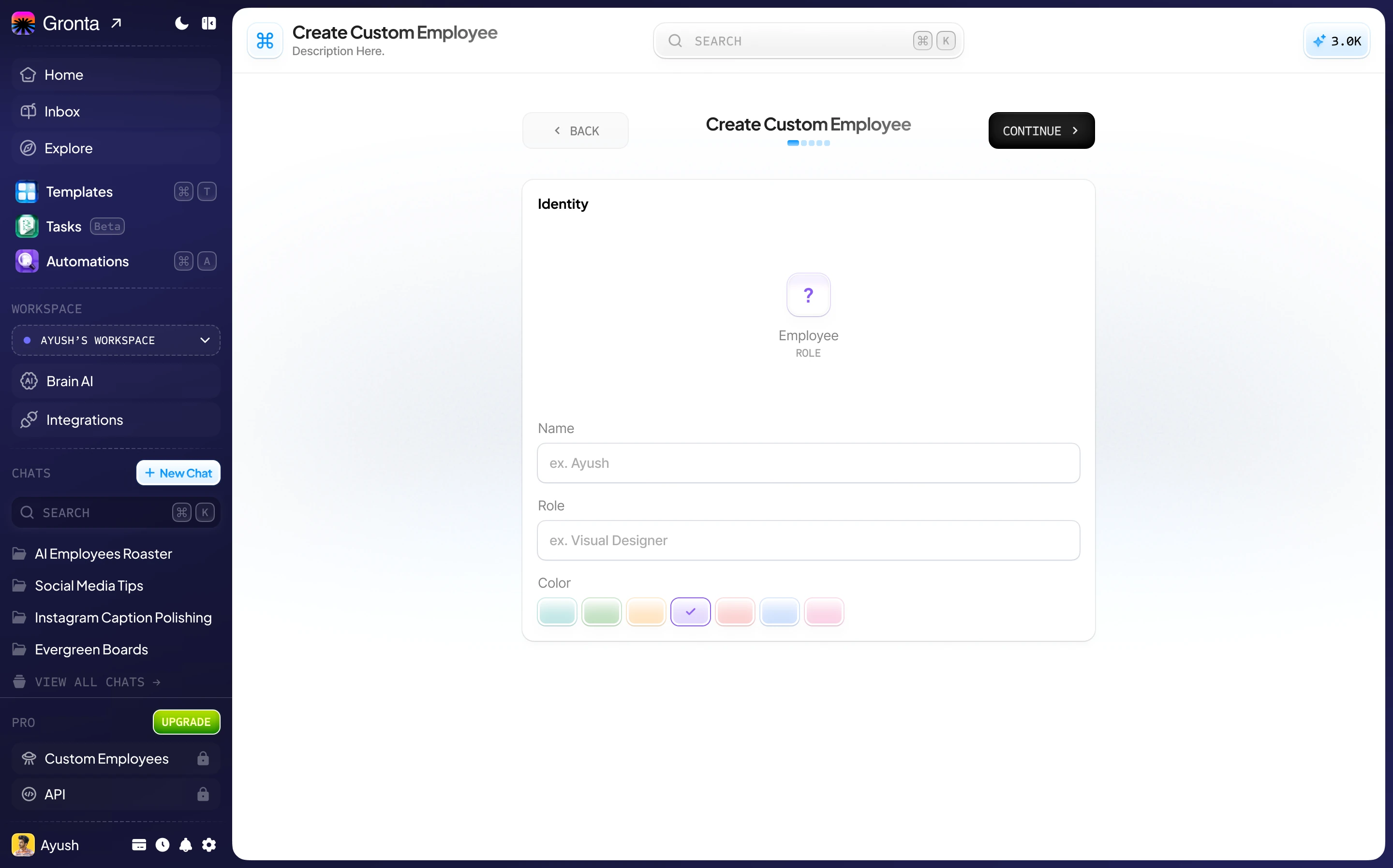 The first step of the Create Custom Employee builder in Gronta