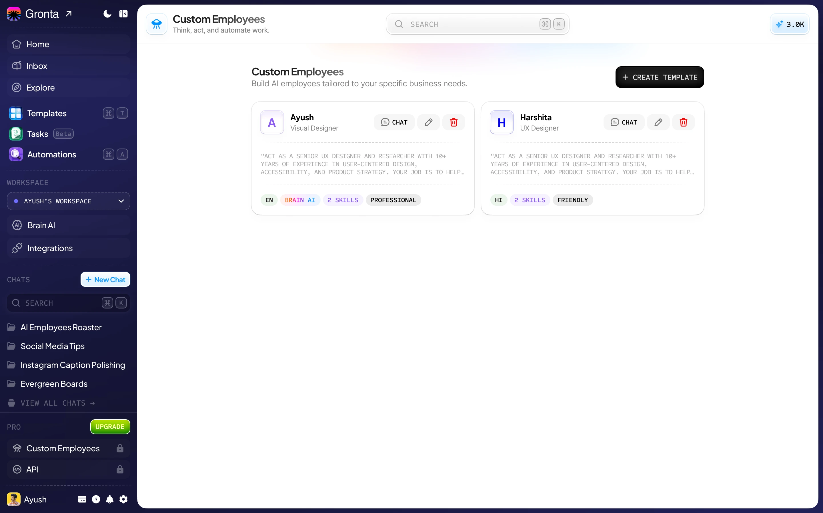 The Custom Employees page in Gronta, listing two custom employees