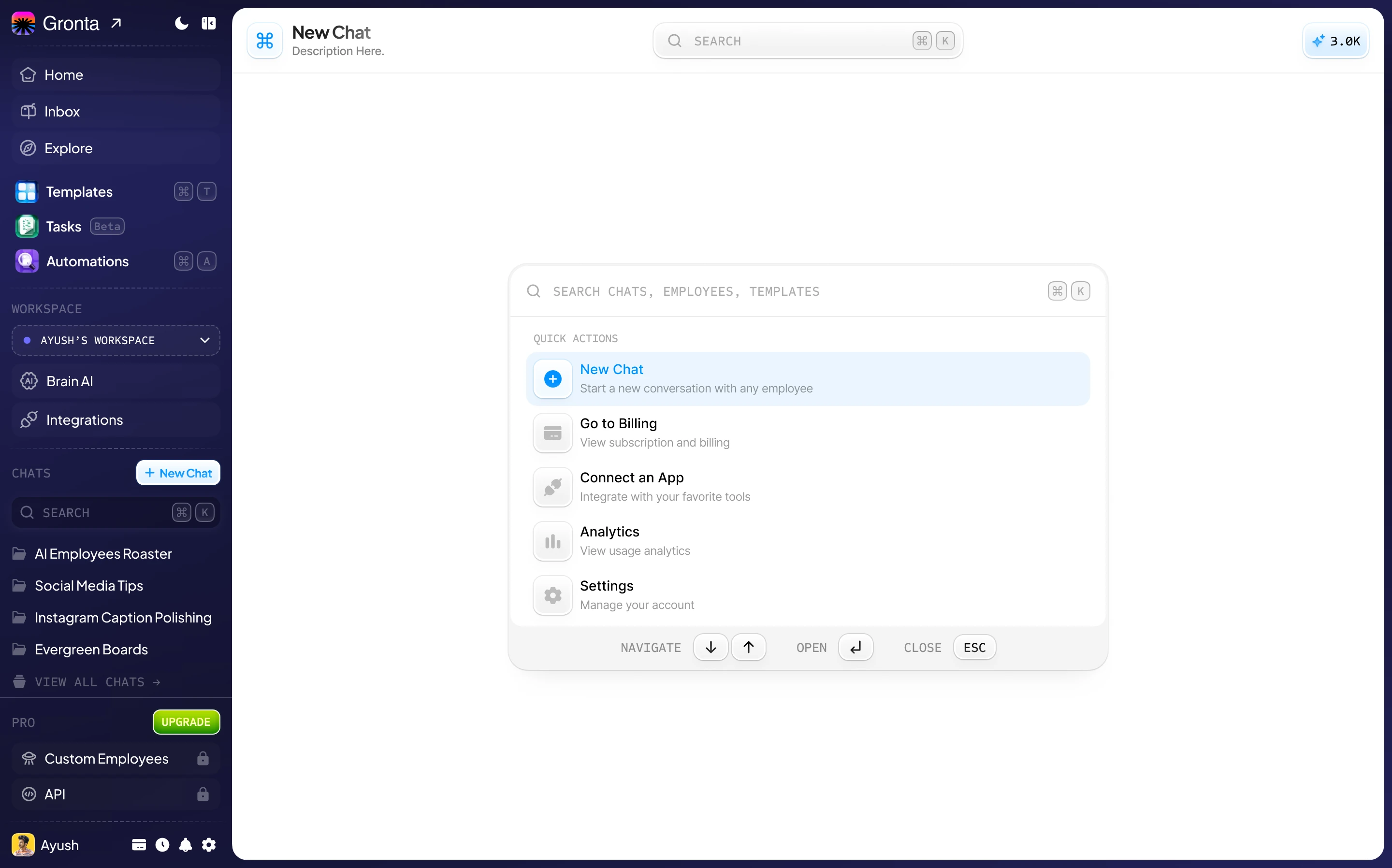 Gronta's command palette listing quick actions such as New Chat and Go to Billing
