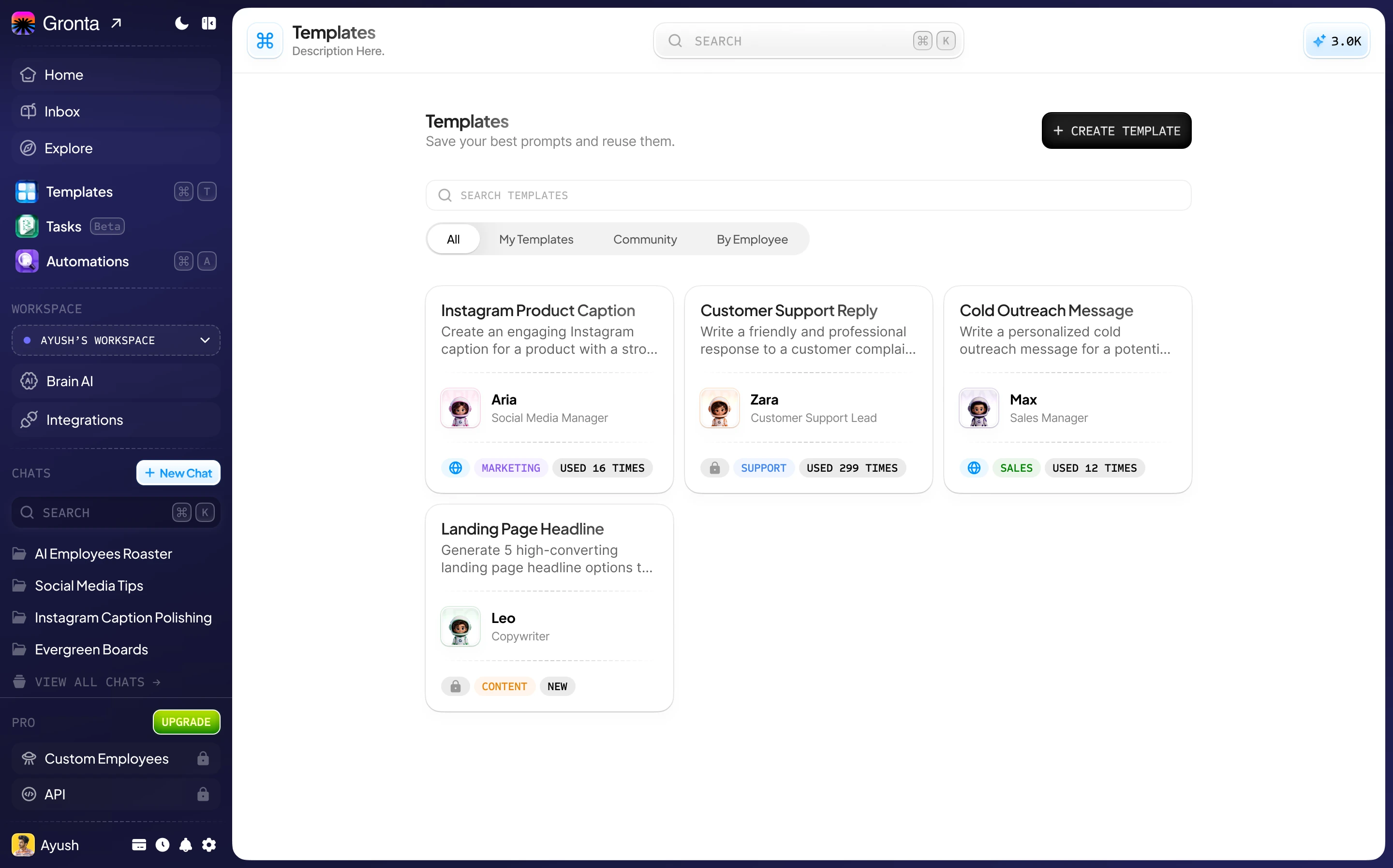 The Templates page in Gronta, with four saved prompt templates