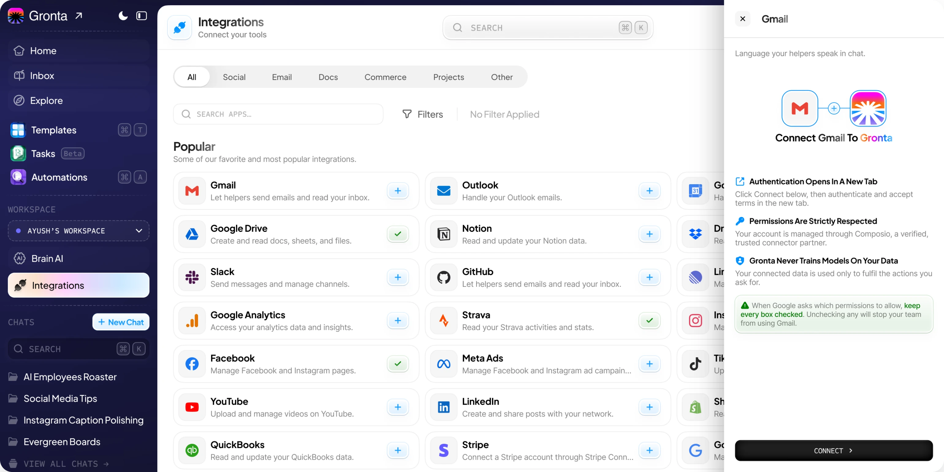 Gronta's integration picker, searching for an app and approving the connection