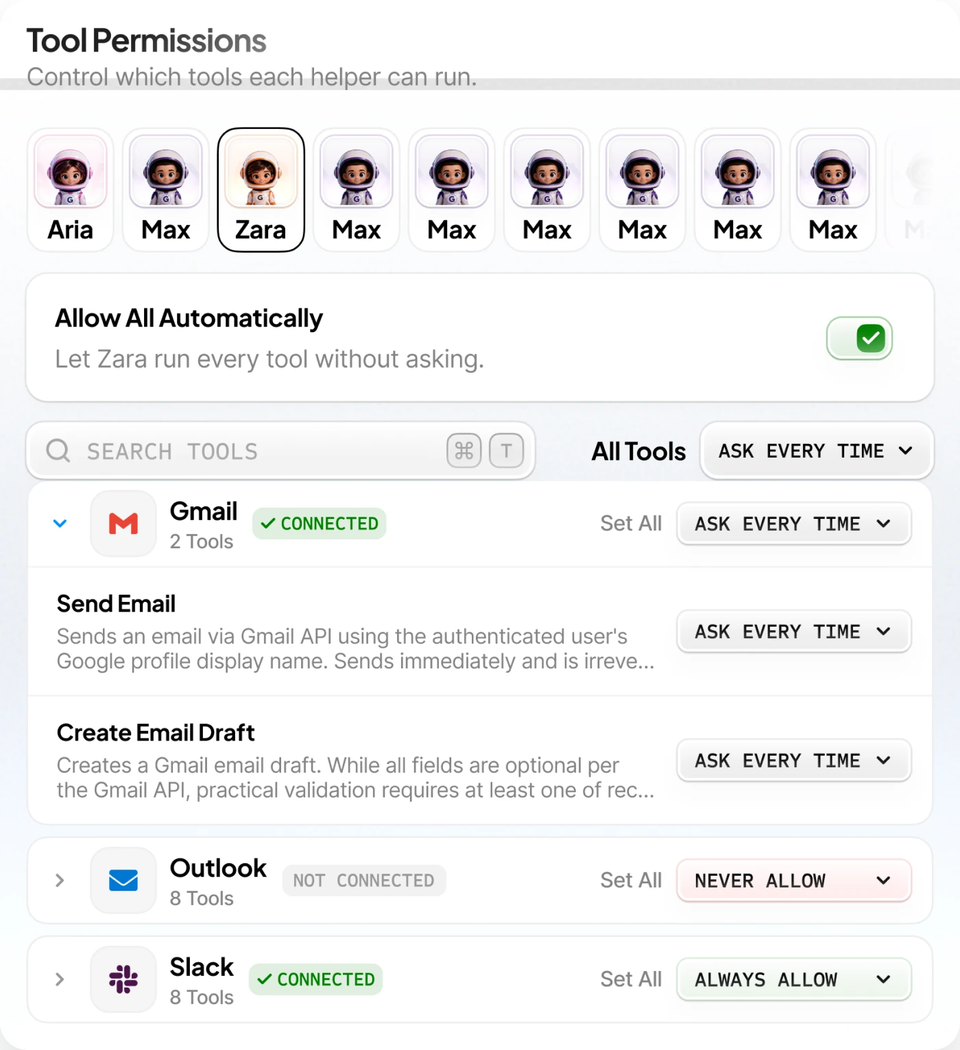 Gronta's permissions panel, listing the actions one AI employee may take
