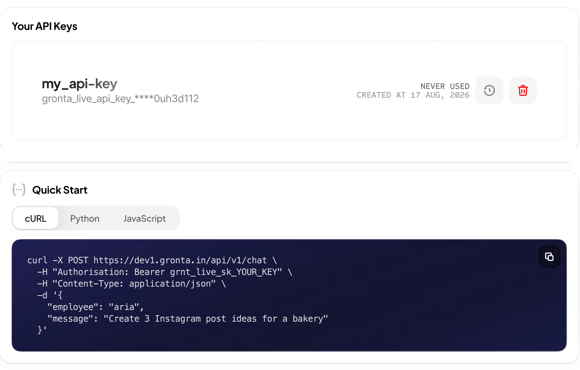 Gronta's quick-start guide for connecting an integration