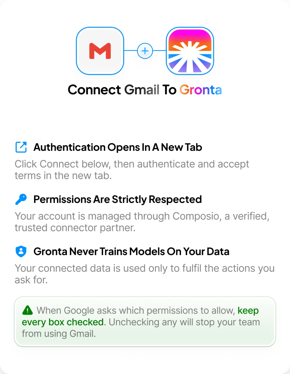 Gronta's access safeguards: one scope per action, revocable in a click